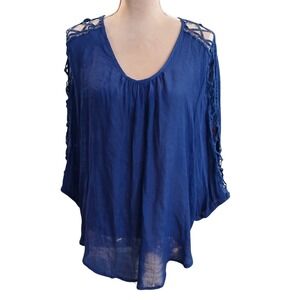 Ashley Blue Blue Print Lightweight Sheer Lace Sleeve Top Plus Size 2XL